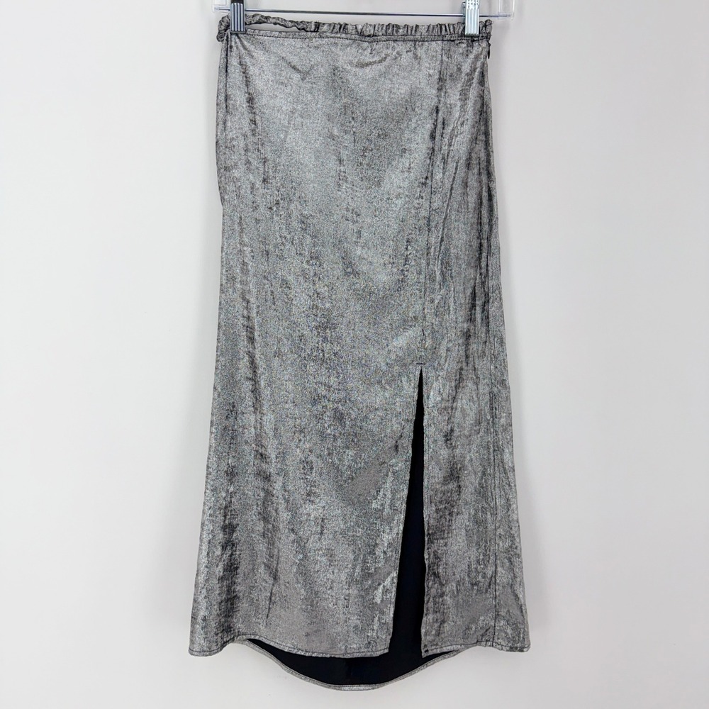 Future Collective Alani Noelle Silver Metallic Midi Skirt Slit Side Zip Size 6